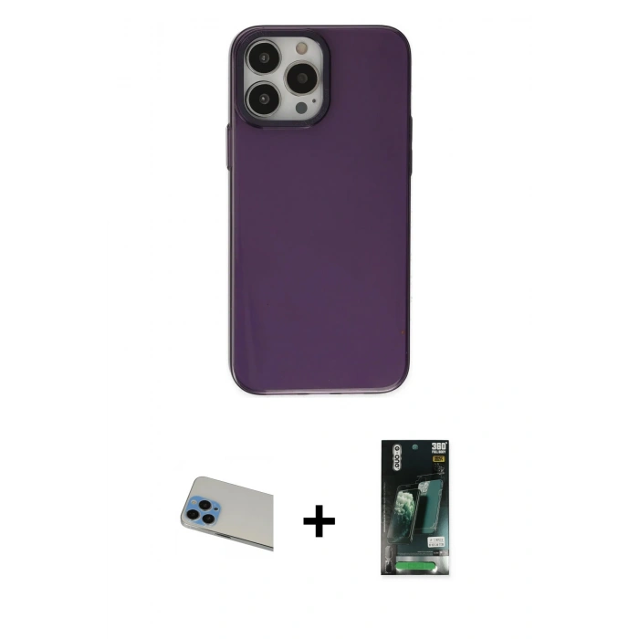 MARSİLYAN™- iPhone 13 Pro Max Kılıf Zirve Doku Koleksiyonu - Şeffaf 360 Full Body Arka Koruyucu + Rainbow Kamera Lens Koruma Cam - MI