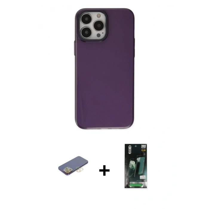 MARSİLYAN™- iPhone 13 Pro Max Kılıf Zirve Doku Koleksiyonu - Şeffaf 360 Full Body Arka Koruyucu + Renkli Kamera Lens Koruma Cam - SI