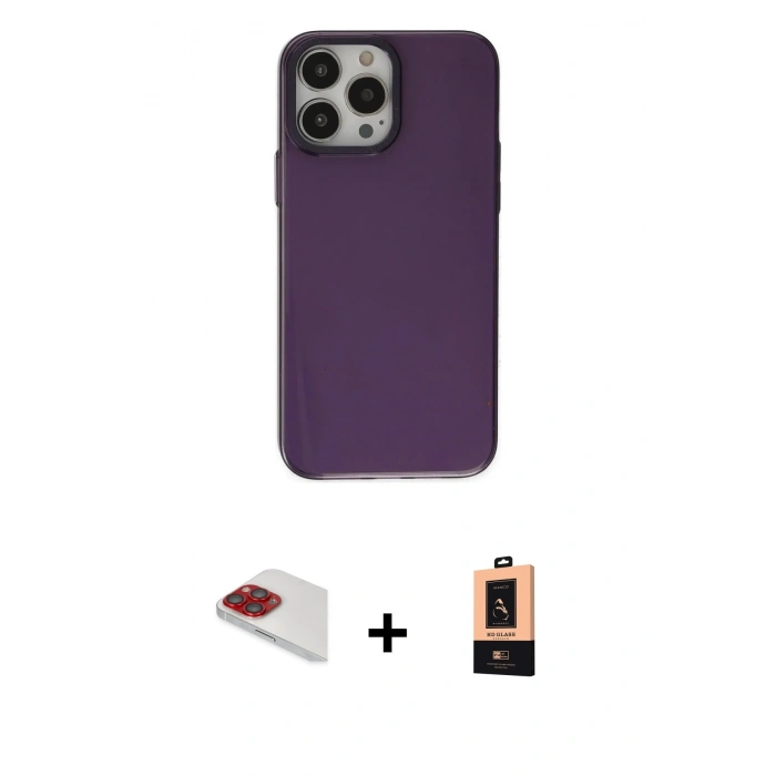 MARSİLYAN™- iPhone 13 Pro Max Kılıf Zirve Doku Koleksiyonu - Şeffaf Maxco Cam Ekran Koruyucu + Kırmızı Pers Alüminyum Kamera Lens
