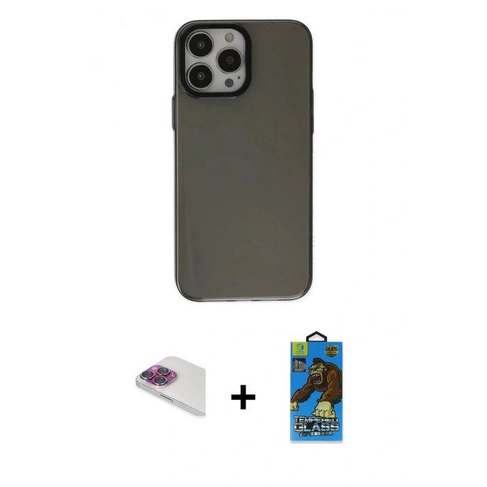 MARSİLYAN™- iPhone 13 Pro Max Kılıf Zirve Doku Koleksiyonu - Siyah 18D Cam Ekran Koruyucu + Pers Alüminyum Kamera Lens - GI