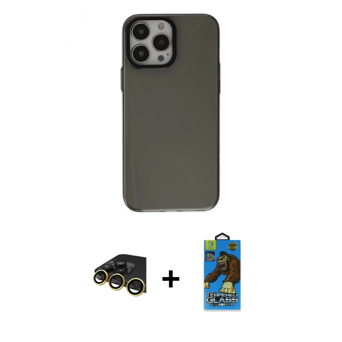 MARSİLYAN™- iPhone 13 Pro Max Kılıf Zirve Doku Koleksiyonu - Siyah 18D Cam Ekran Koruyucu + Raze Metal Kamera Lens - GD