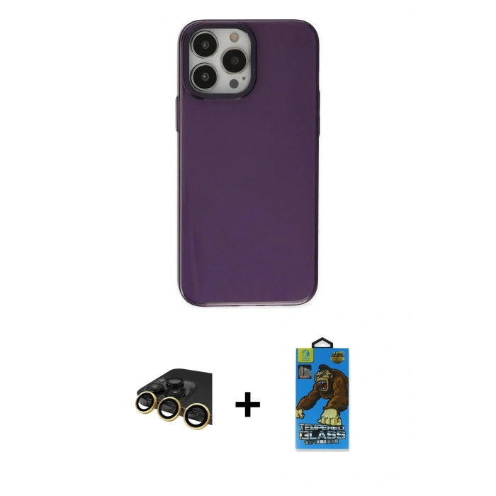 MARSİLYAN™- iPhone 13 Pro Max Kılıf Zirve Doku Koleksiyonu - Siyah 18D Cam Ekran Koruyucu + Raze Metal Kamera Lens - GD