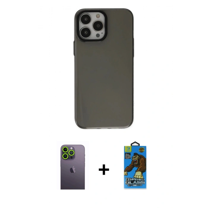 MARSİLYAN™- iPhone 13 Pro Max Kılıf Zirve Doku Koleksiyonu - Siyah 18D Cam Ekran Koruyucu + Neon Fosforlu Kamera Lens - YL