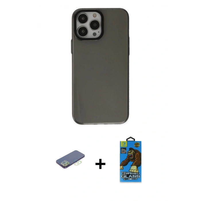 MARSİLYAN™- iPhone 13 Pro Max Kılıf Zirve Doku Koleksiyonu - Siyah 18D Cam Ekran Koruyucu + Renkli Kamera Lens Koruma Cam - YL