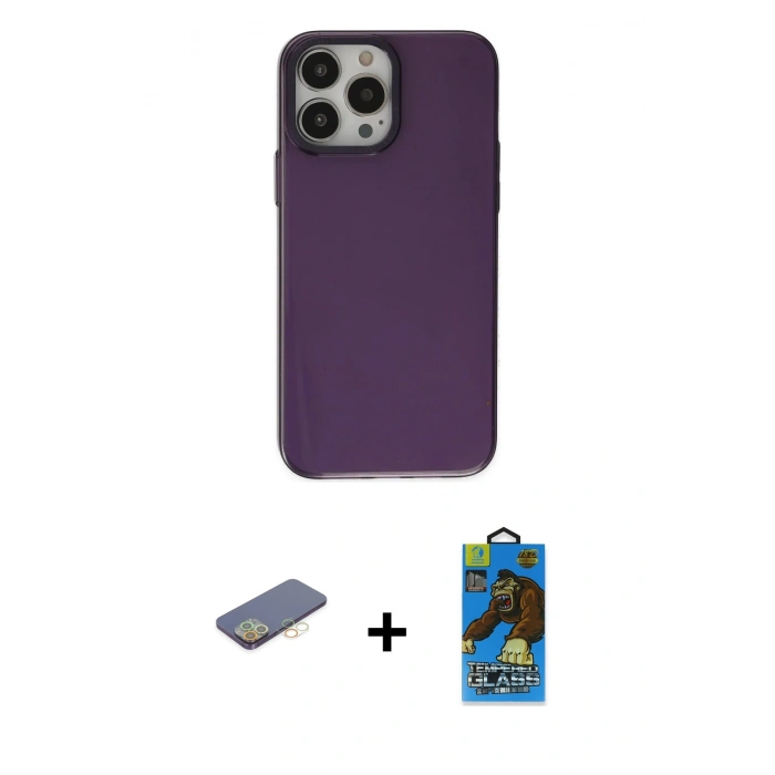 MARSİLYAN™- iPhone 13 Pro Max Kılıf Zirve Doku Koleksiyonu - Siyah 18D Cam Ekran Koruyucu + Renkli Kamera Lens Koruma Cam - SI