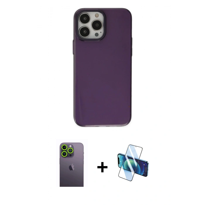 MARSİLYAN™- iPhone 13 Pro Max Kılıf Zirve Doku Koleksiyonu - Siyah 3D Antistatik Cam Ekran Koruyucu + Neon Fosforlu Kamera Lens - YL