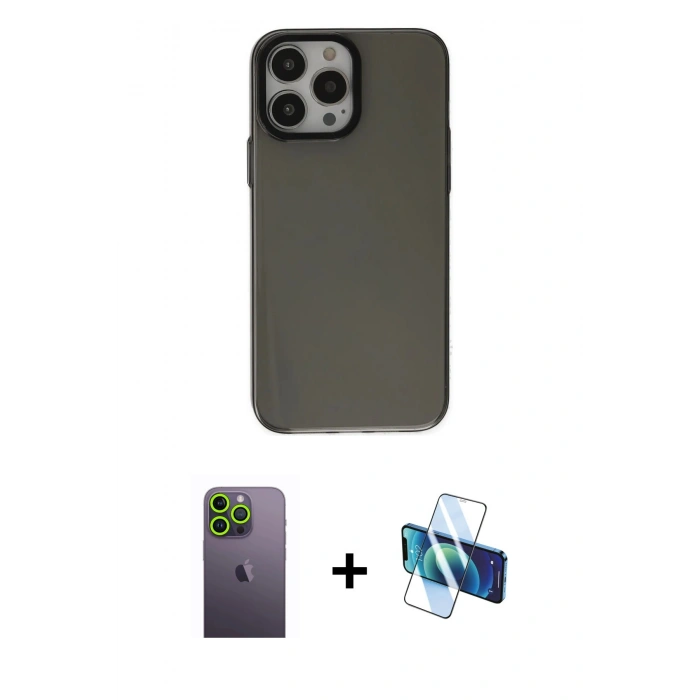 MARSİLYAN™- iPhone 13 Pro Max Kılıf Zirve Doku Koleksiyonu - Siyah 3D Antistatik Cam Ekran Koruyucu + Neon Fosforlu Kamera Lens - YL