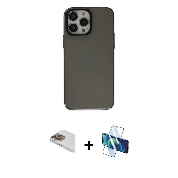 MARSİLYAN™- iPhone 13 Pro Max Kılıf Zirve Doku Koleksiyonu - Siyah 3D Antistatik Cam Ekran Koruyucu + Pers Alüminyum Kamera Lens - GD