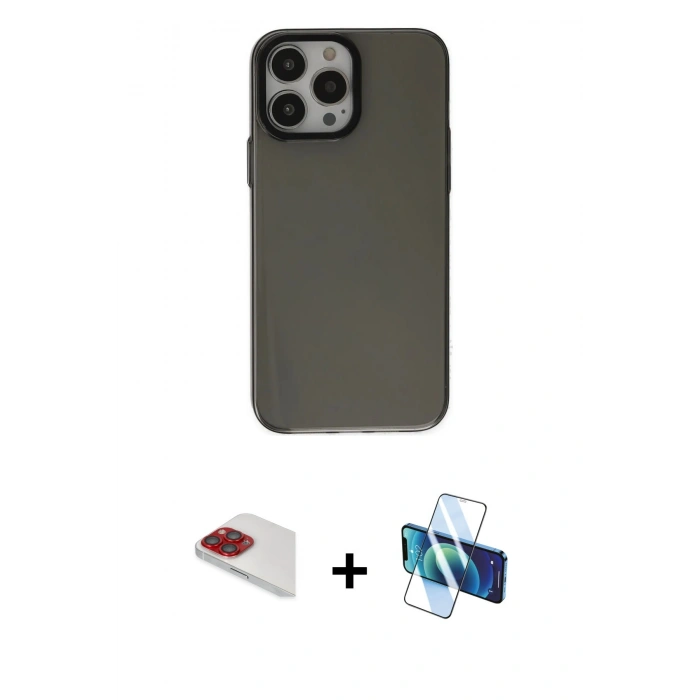 MARSİLYAN™- iPhone 13 Pro Max Kılıf Zirve Doku Koleksiyonu - Siyah 3D Antistatik Cam Ekran Koruyucu + Pers Alüminyum Kamera Lens - KI