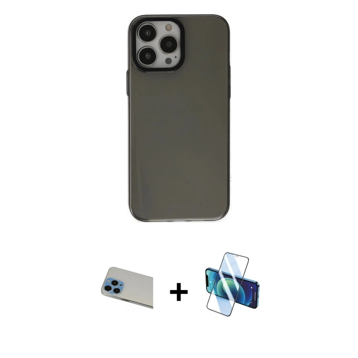 MARSİLYAN™- iPhone 13 Pro Max Kılıf Zirve Doku Koleksiyonu - Siyah 3D Antistatik Cam Ekran Koruyucu + Rainbow Kamera Lens Koruma Cam - MI