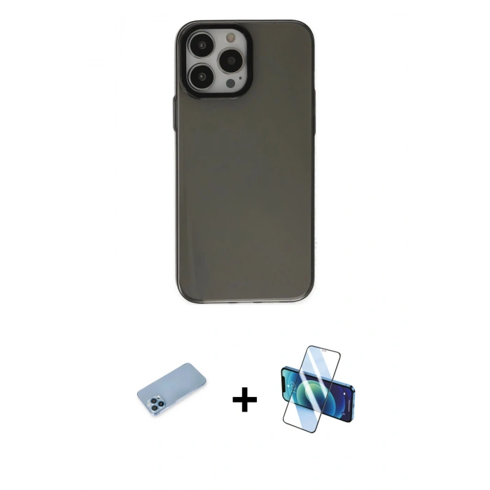 MARSİLYAN™- iPhone 13 Pro Max Kılıf Zirve Doku Koleksiyonu - Siyah 3D Antistatik Cam Ekran Koruyucu + Shine Kamera Lens Koruma Cam - MI