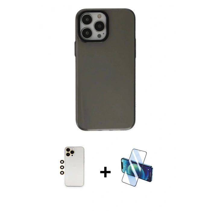 MARSİLYAN™- iPhone 13 Pro Max Kılıf Zirve Doku Koleksiyonu - Siyah 3D Antistatik Cam Ekran Koruyucu + Shine Kamera Lens - GD