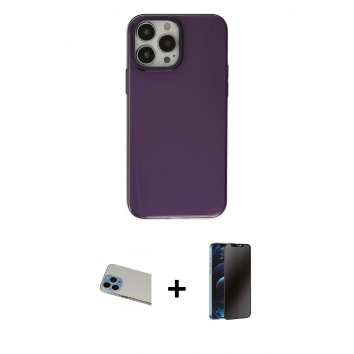 MARSİLYAN™- iPhone 13 Pro Max Kılıf Zirve Doku Koleksiyonu - Siyah 3D Antistatik Hayalet Cam Ekran Koruyucu + Rainbow Kamera Lens Koruma Cam - MI