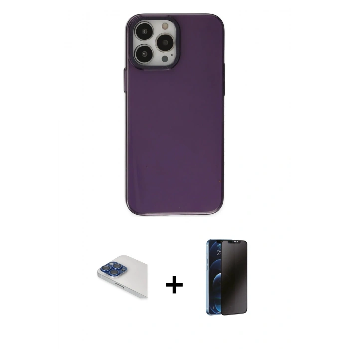 MARSİLYAN™- iPhone 13 Pro Max Kılıf Zirve Doku Koleksiyonu - Siyah 3D Antistatik Hayalet Cam Ekran Koruyucu + Pers Alüminyum Kamera Lens - LT