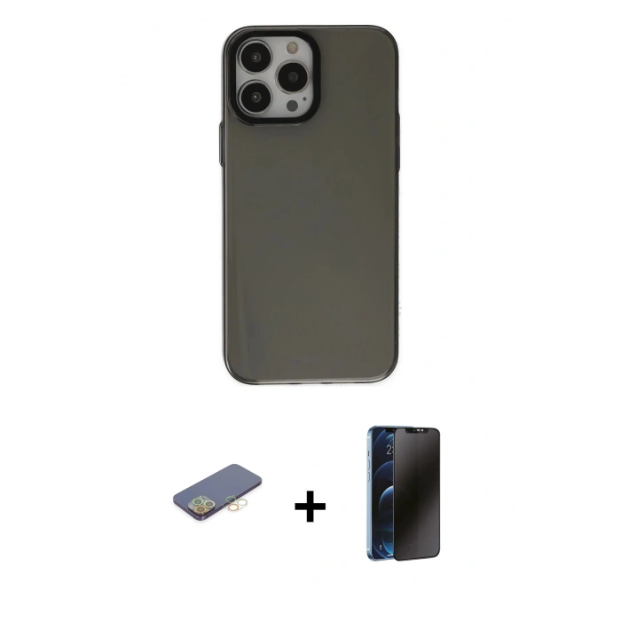 MARSİLYAN™- iPhone 13 Pro Max Kılıf Zirve Doku Koleksiyonu - Siyah 3D Antistatik Hayalet Cam Ekran Koruyucu + Renkli Kamera Lens Koruma Cam - SI