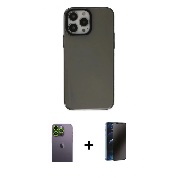MARSİLYAN™- iPhone 13 Pro Max Kılıf Zirve Doku Koleksiyonu - Siyah 3D Antistatik Hayalet Cam Ekran Koruyucu + Neon Fosforlu Kamera Lens - YL