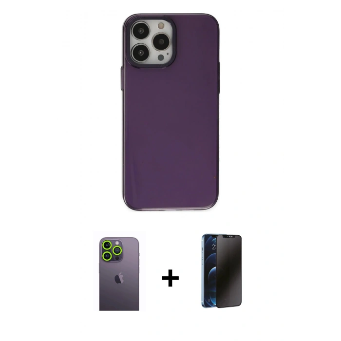 MARSİLYAN™- iPhone 13 Pro Max Kılıf Zirve Doku Koleksiyonu - Siyah 3D Antistatik Hayalet Cam Ekran Koruyucu + Neon Fosforlu Kamera Lens - YL