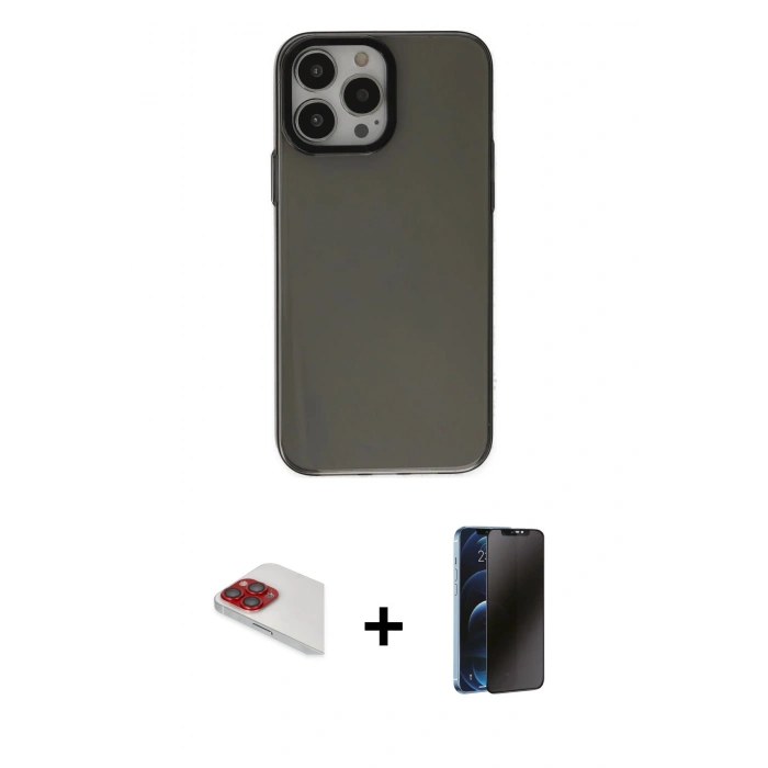 MARSİLYAN™- iPhone 13 Pro Max Kılıf Zirve Doku Koleksiyonu - Siyah 3D Antistatik Hayalet Cam Ekran Koruyucu + Pers Alüminyum Kamera Lens - KI