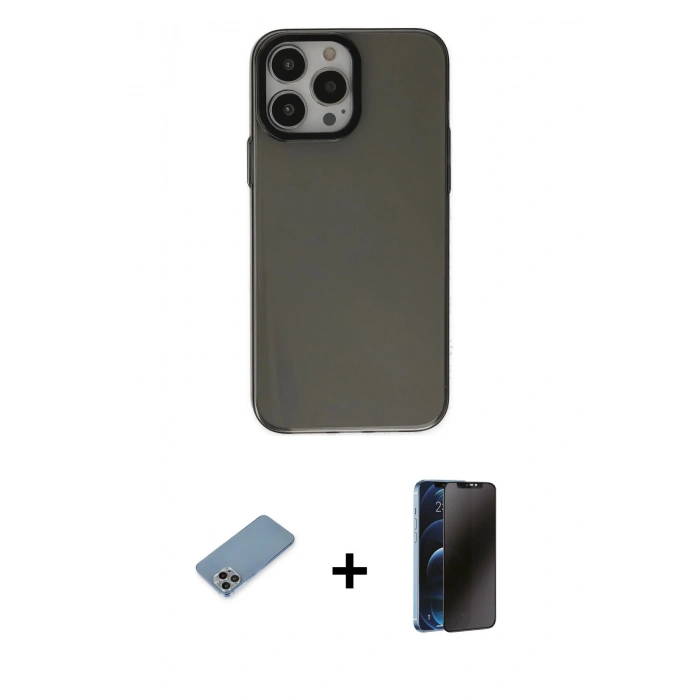 MARSİLYAN™- iPhone 13 Pro Max Kılıf Zirve Doku Koleksiyonu - Siyah 3D Antistatik Hayalet Cam Ekran Koruyucu + Shine Kamera Lens Koruma Cam - GI