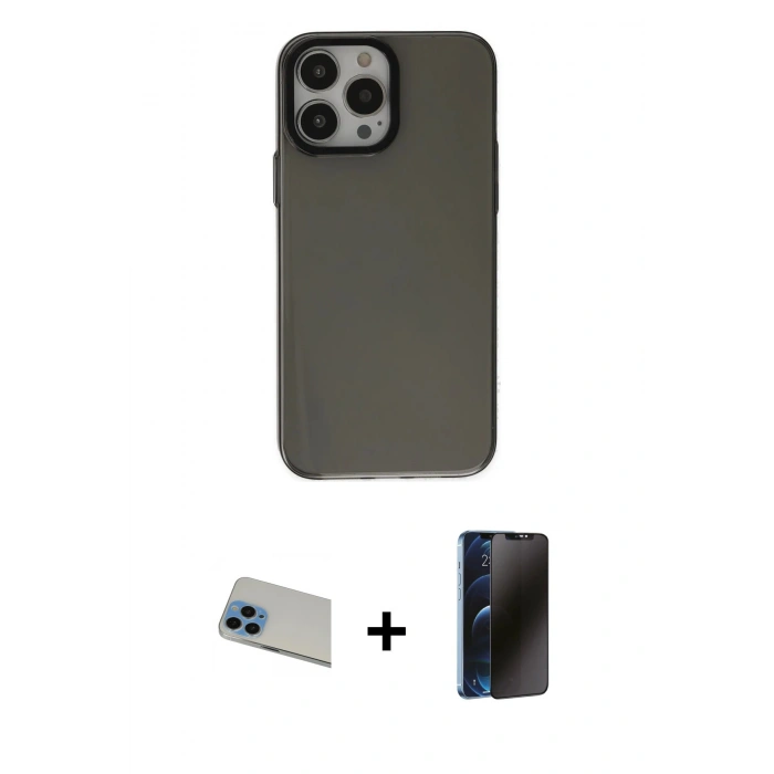 MARSİLYAN™- iPhone 13 Pro Max Kılıf Zirve Doku Koleksiyonu - Siyah 3D Antistatik Hayalet Cam Ekran Koruyucu + Rainbow Kamera Lens Koruma Cam - MI