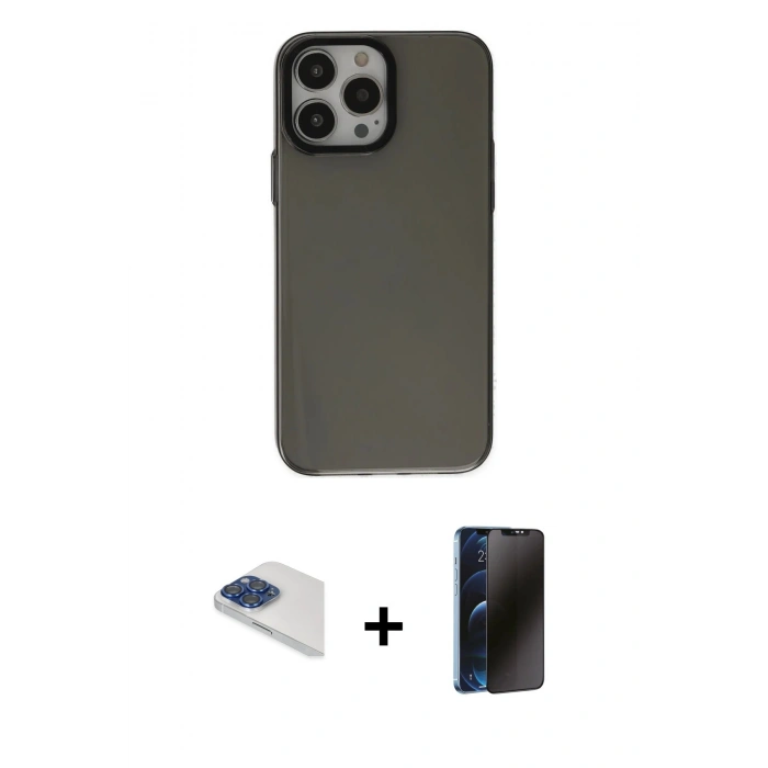 MARSİLYAN™- iPhone 13 Pro Max Kılıf Zirve Doku Koleksiyonu - Siyah 3D Antistatik Hayalet Cam Ekran Koruyucu + Pers Alüminyum Kamera Lens - LT