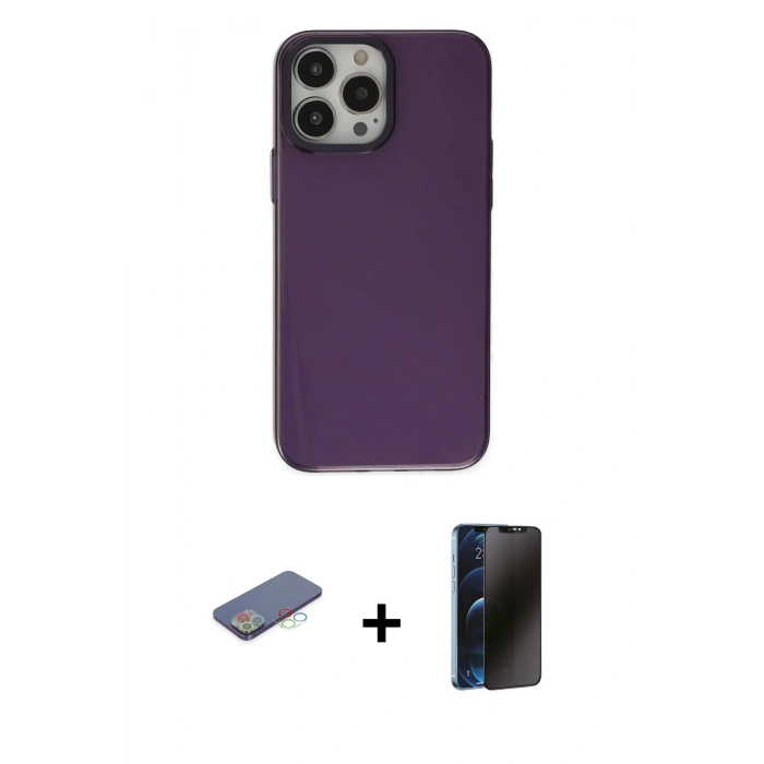 MARSİLYAN™- iPhone 13 Pro Max Kılıf Zirve Doku Koleksiyonu - Siyah 3D Antistatik Hayalet Cam Ekran Koruyucu + Renkli Kamera Lens Koruma Cam - MI