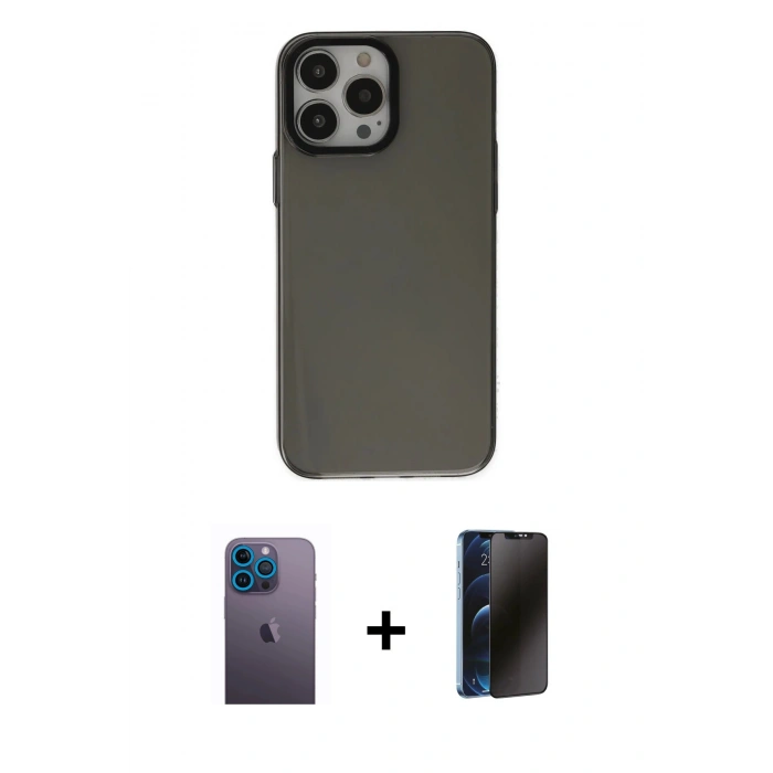 MARSİLYAN™- iPhone 13 Pro Max Kılıf Zirve Doku Koleksiyonu - Siyah 3D Antistatik Hayalet Cam Ekran Koruyucu + Neon Fosforlu Kamera Lens - MI