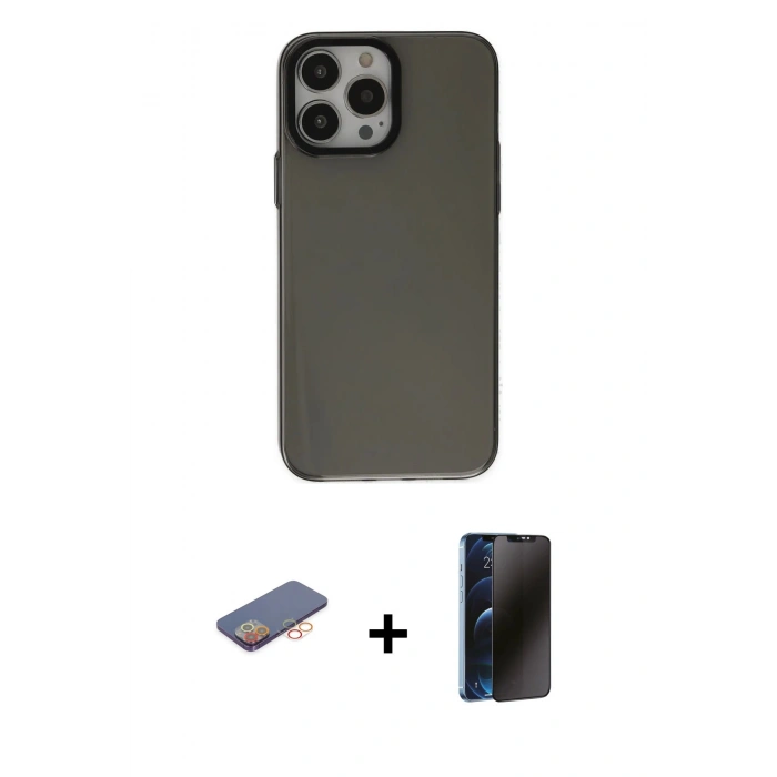 MARSİLYAN™- iPhone 13 Pro Max Kılıf Zirve Doku Koleksiyonu - Siyah 3D Antistatik Hayalet Cam Ekran Koruyucu + Renkli Kamera Lens Koruma Cam - TU
