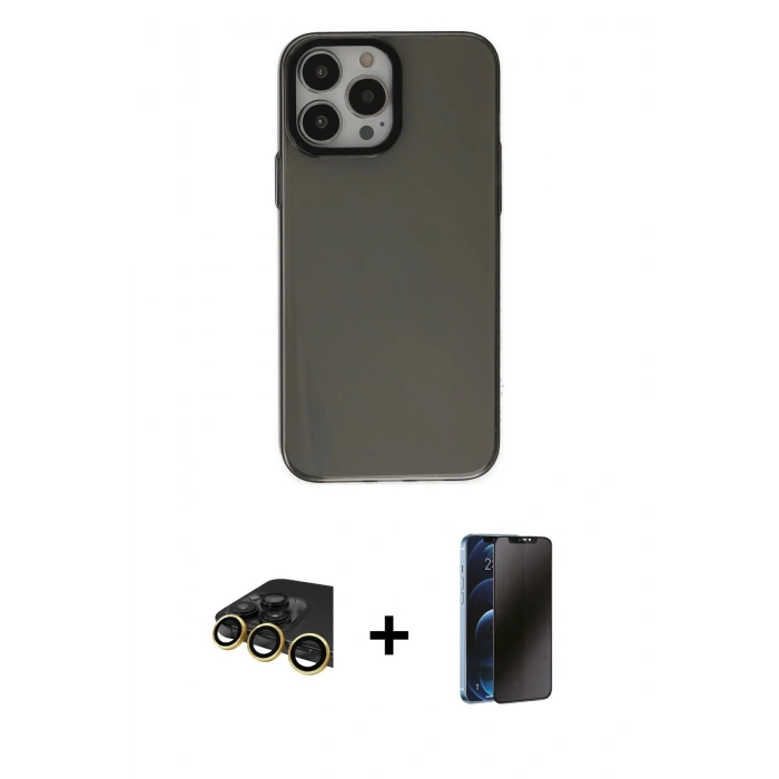 MARSİLYAN™- iPhone 13 Pro Max Kılıf Zirve Doku Koleksiyonu - Siyah 3D Antistatik Hayalet Cam Ekran Koruyucu + Raze Metal Kamera Lens - GD