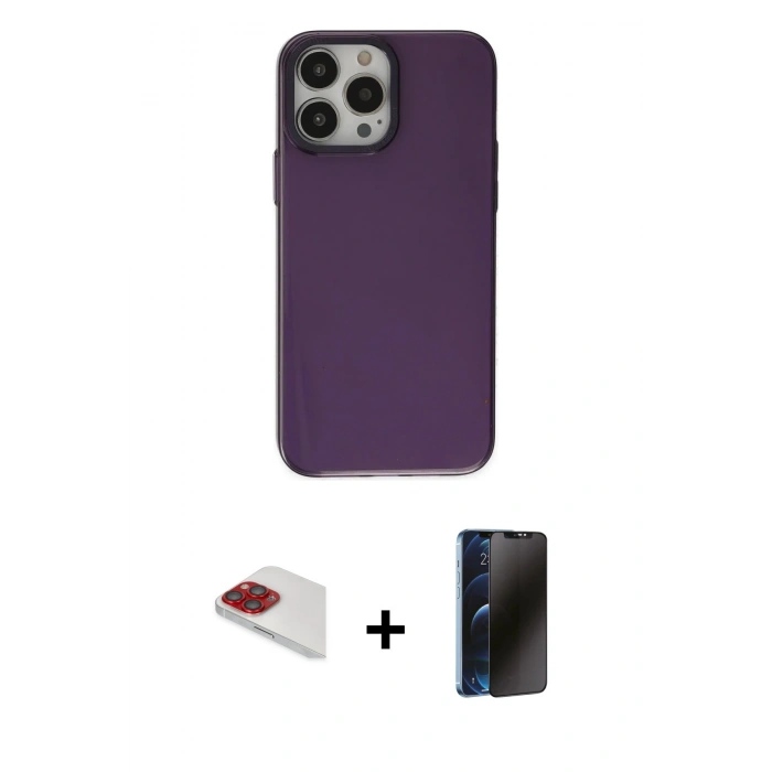 MARSİLYAN™- iPhone 13 Pro Max Kılıf Zirve Doku Koleksiyonu - Siyah 3D Antistatik Hayalet Cam Ekran Koruyucu + Pers Alüminyum Kamera Lens - KI