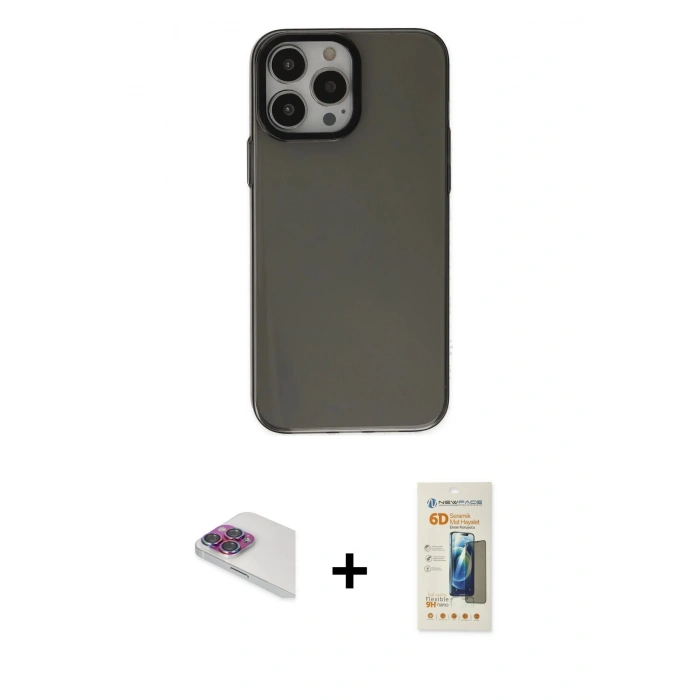 MARSİLYAN™- iPhone 13 Pro Max Kılıf Zirve Doku Koleksiyonu - Siyah 6D Mat Seramik Hayalet Nano Ekran Koruyucu + Pers Alüminyum Kamera Lens - GI