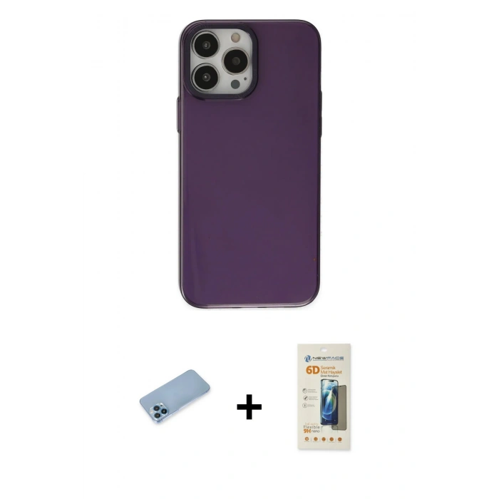 MARSİLYAN™- iPhone 13 Pro Max Kılıf Zirve Doku Koleksiyonu - Siyah 6D Mat Seramik Hayalet Nano Ekran Koruyucu + Shine Kamera Lens Koruma Cam - MI