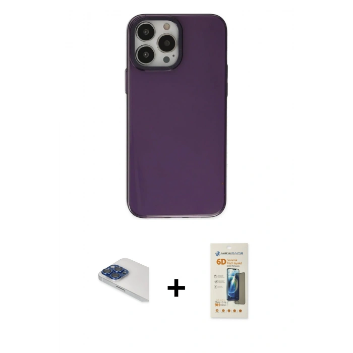 MARSİLYAN™- iPhone 13 Pro Max Kılıf Zirve Doku Koleksiyonu - Siyah 6D Mat Seramik Hayalet Nano Ekran Koruyucu + Pers Alüminyum Kamera Lens - LT