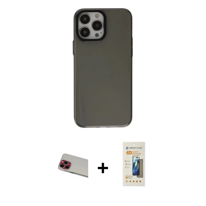 MARSİLYAN™- iPhone 13 Pro Max Kılıf Zirve Doku Koleksiyonu - Siyah 6D Mat Seramik Hayalet Nano Ekran Koruyucu + Rainbow Kamera Lens Koruma Cam - KI