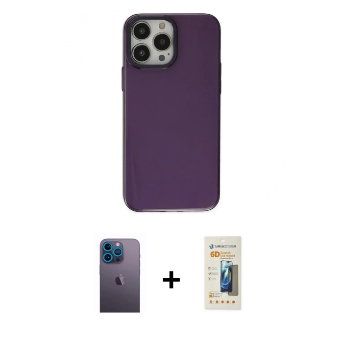 MARSİLYAN™- iPhone 13 Pro Max Kılıf Zirve Doku Koleksiyonu - Siyah 6D Mat Seramik Hayalet Nano Ekran Koruyucu + Neon Fosforlu Kamera Lens - MI