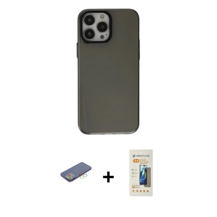 MARSİLYAN™- iPhone 13 Pro Max Kılıf Zirve Doku Koleksiyonu - Siyah 6D Mat Seramik Hayalet Nano Ekran Koruyucu + Renkli Kamera Lens Koruma Cam - MI