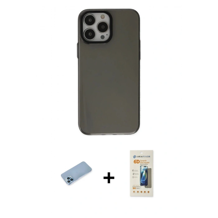 MARSİLYAN™- iPhone 13 Pro Max Kılıf Zirve Doku Koleksiyonu - Siyah 6D Mat Seramik Hayalet Nano Ekran Koruyucu + Shine Kamera Lens Koruma Cam - MI