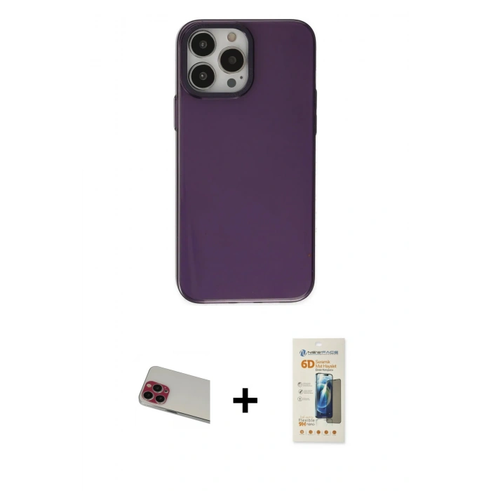 MARSİLYAN™- iPhone 13 Pro Max Kılıf Zirve Doku Koleksiyonu - Siyah 6D Mat Seramik Hayalet Nano Ekran Koruyucu + Rainbow Kamera Lens Koruma Cam - KI