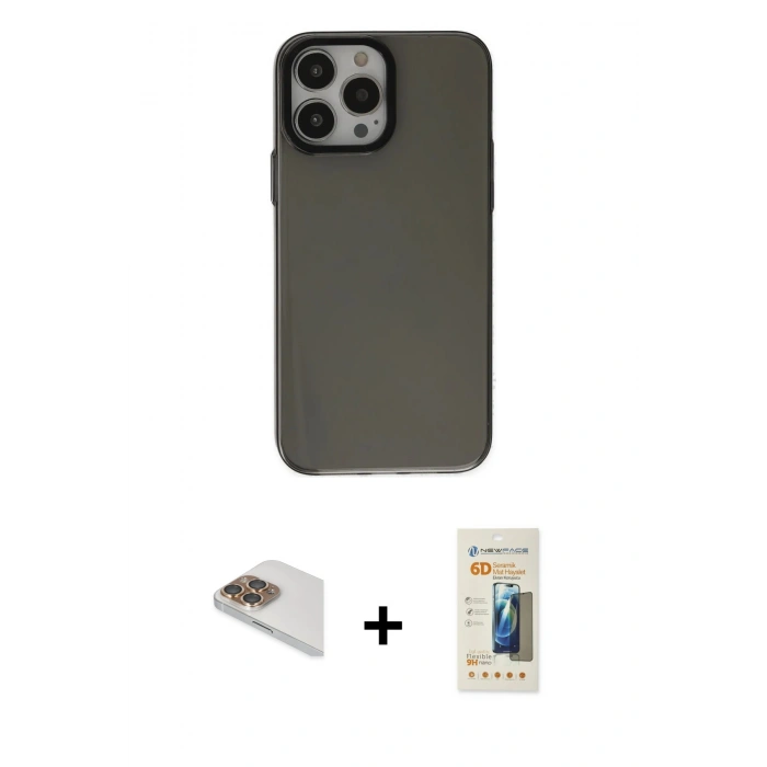 MARSİLYAN™- iPhone 13 Pro Max Kılıf Zirve Doku Koleksiyonu - Siyah 6D Mat Seramik Hayalet Nano Ekran Koruyucu + Pers Alüminyum Kamera Lens - GD