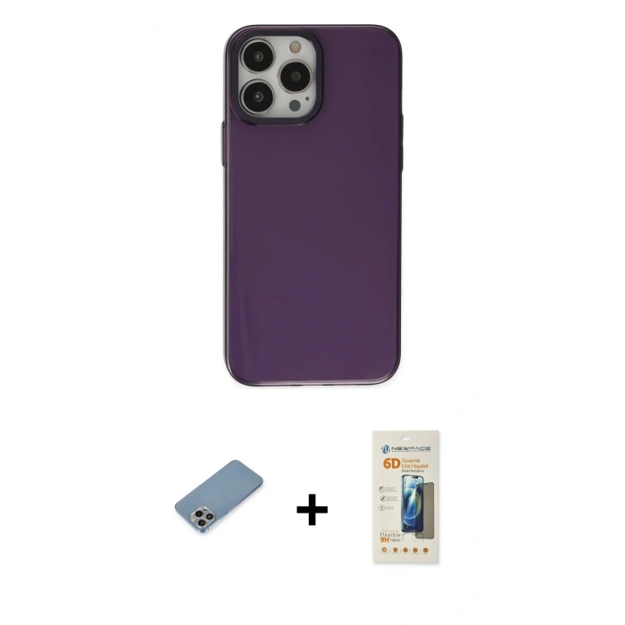 MARSİLYAN™- iPhone 13 Pro Max Kılıf Zirve Doku Koleksiyonu - Siyah 6D Mat Seramik Hayalet Nano Ekran Koruyucu + Shine Kamera Lens Koruma Cam - GI