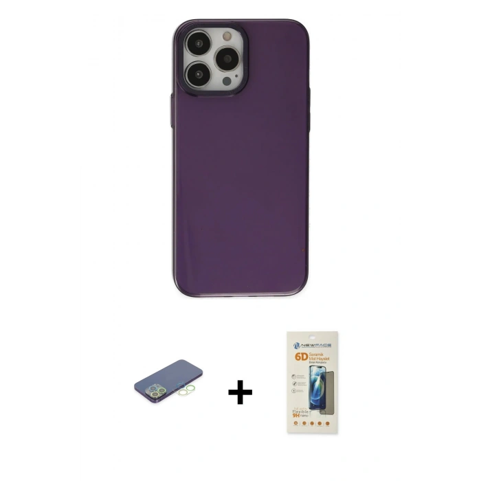 MARSİLYAN™- iPhone 13 Pro Max Kılıf Zirve Doku Koleksiyonu - Siyah 6D Mat Seramik Hayalet Nano Ekran Koruyucu + Renkli Kamera Lens Koruma Cam - YL