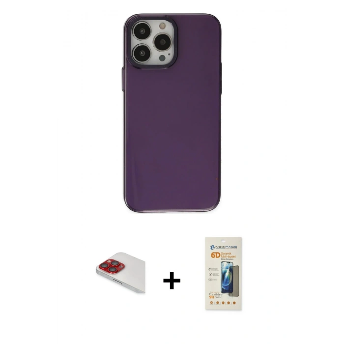 MARSİLYAN™- iPhone 13 Pro Max Kılıf Zirve Doku Koleksiyonu - Siyah 6D Mat Seramik Hayalet Nano Ekran Koruyucu + Pers Alüminyum Kamera Lens - KI
