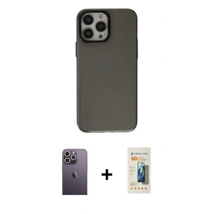 MARSİLYAN™- iPhone 13 Pro Max Kılıf Zirve Doku Koleksiyonu - Siyah 6D Mat Seramik Hayalet Nano Ekran Koruyucu + Neon Fosforlu Kamera Lens - BZ
