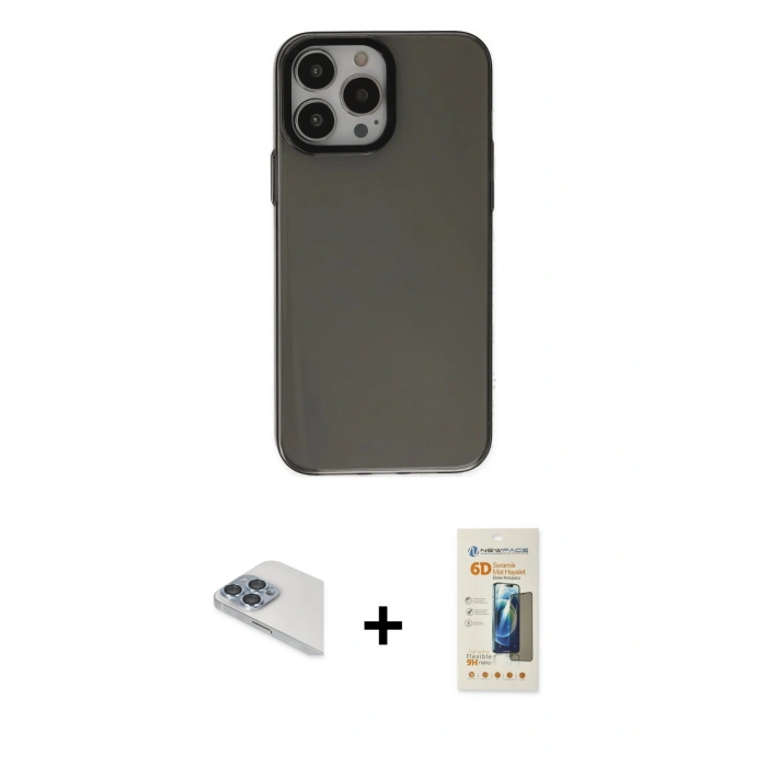 MARSİLYAN™- iPhone 13 Pro Max Kılıf Zirve Doku Koleksiyonu - Siyah 6D Mat Seramik Hayalet Nano Ekran Koruyucu + Pers Alüminyum Kamera Lens - SABE