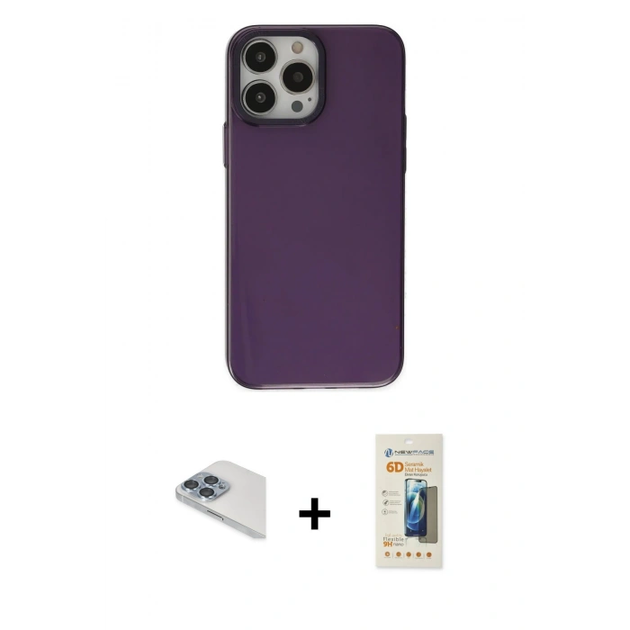 MARSİLYAN™- iPhone 13 Pro Max Kılıf Zirve Doku Koleksiyonu - Siyah 6D Mat Seramik Hayalet Nano Ekran Koruyucu + Pers Alüminyum Kamera Lens - SABE