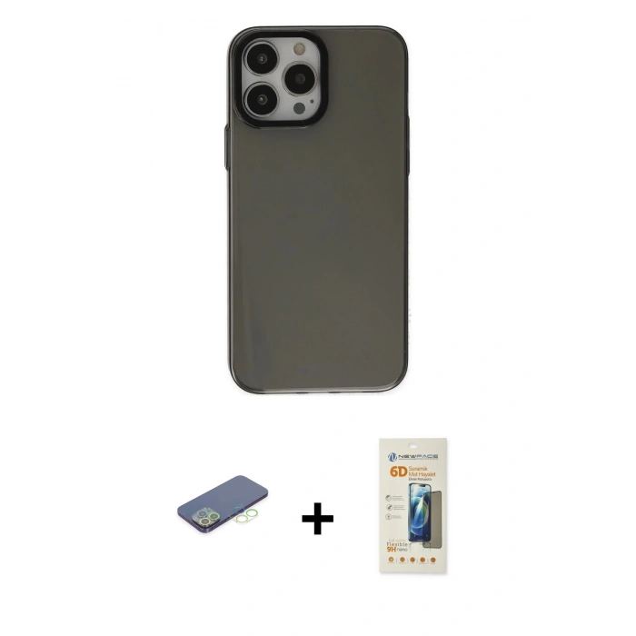 MARSİLYAN™- iPhone 13 Pro Max Kılıf Zirve Doku Koleksiyonu - Siyah 6D Mat Seramik Hayalet Nano Ekran Koruyucu + Renkli Kamera Lens Koruma Cam - YL