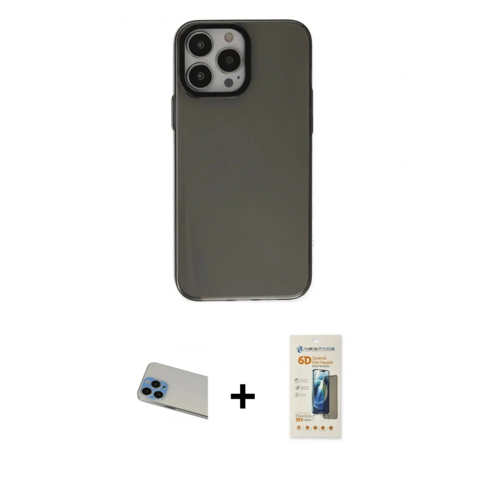 MARSİLYAN™- iPhone 13 Pro Max Kılıf Zirve Doku Koleksiyonu - Siyah 6D Mat Seramik Hayalet Nano Ekran Koruyucu + Mavi Rainbow Kamera Lens Koruma Cam