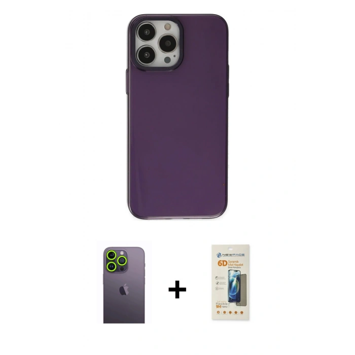 MARSİLYAN™- iPhone 13 Pro Max Kılıf Zirve Doku Koleksiyonu - Siyah 6D Mat Seramik Hayalet Nano Ekran Koruyucu + Neon Fosforlu Kamera Lens - YL