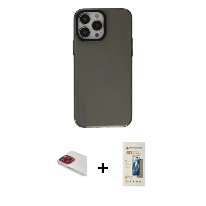 MARSİLYAN™- iPhone 13 Pro Max Kılıf Zirve Doku Koleksiyonu - Siyah 6D Mat Seramik Hayalet Nano Ekran Koruyucu + Pers Alüminyum Kamera Lens - KI