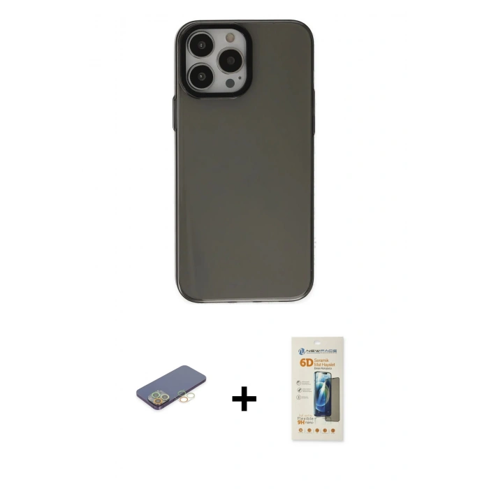 MARSİLYAN™- iPhone 13 Pro Max Kılıf Zirve Doku Koleksiyonu - Siyah 6D Mat Seramik Hayalet Nano Ekran Koruyucu + Renkli Kamera Lens Koruma Cam - SI